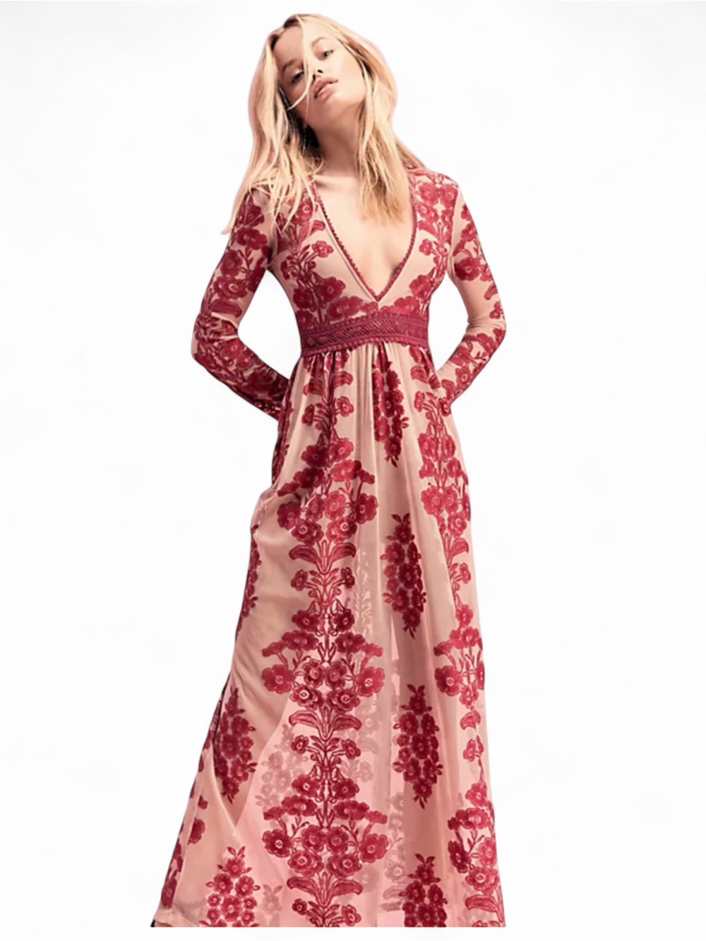 For Love & Lemons Temecula Dress Barberry Red Berry L/S Deep-V Maxi Dress